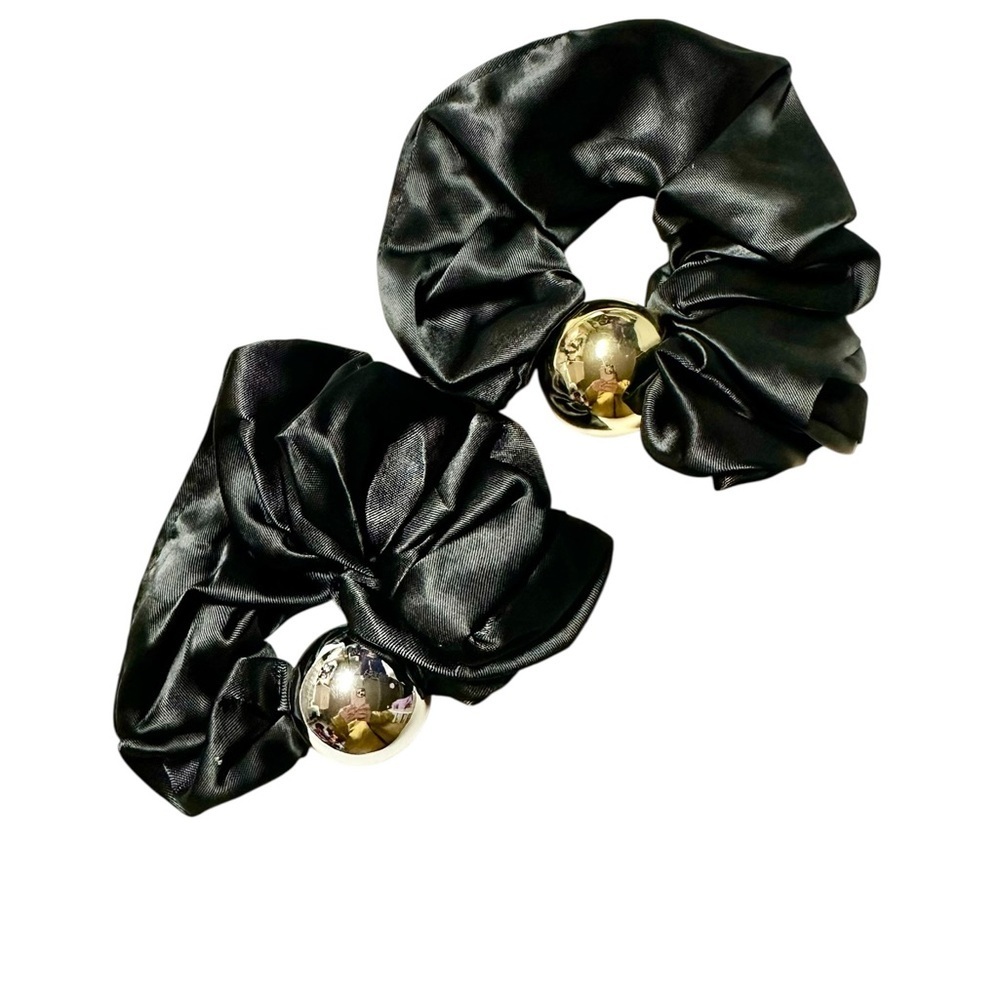 Luxurious Black Satin Hair Scrunchies with Gold Details